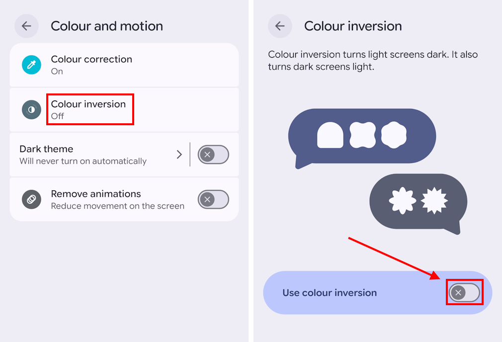 Tap Colour inversion then tap the toggle switch for Use colour inversion